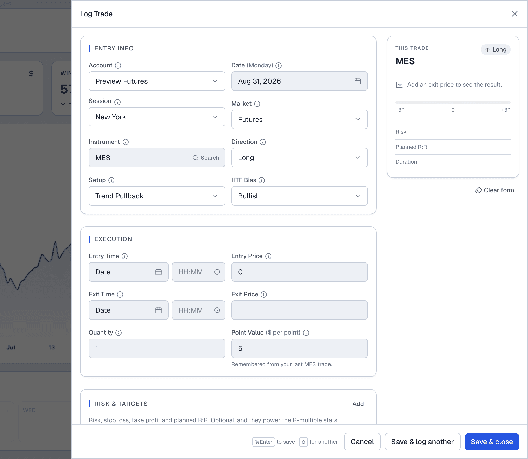 The Log Trade panel, with entry, execution and psychology fields on the left and a live read-out of risk, planned R:R and duration on the right. Sample data.